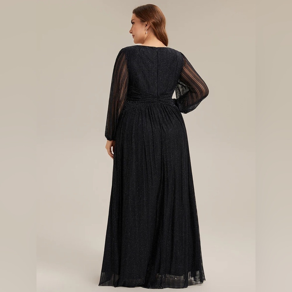 🆕 Plus Size Dazzling Empire Waist See-Through Long Sleeves A-Line Evening Dress - Picture 2 of 3
